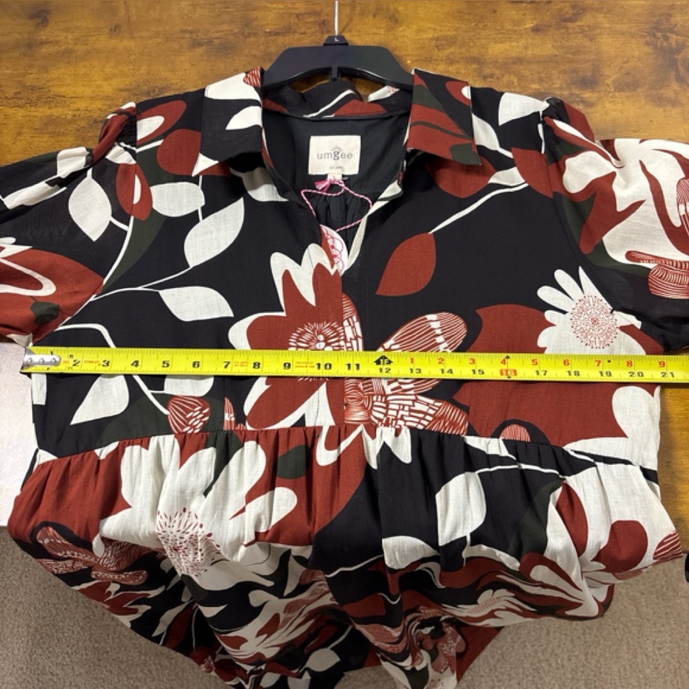 Umgee Rust Mix Floral Tiered Midi Dress 3/4 Puff Sleeves Lined NWT - Picture 8 of 8
